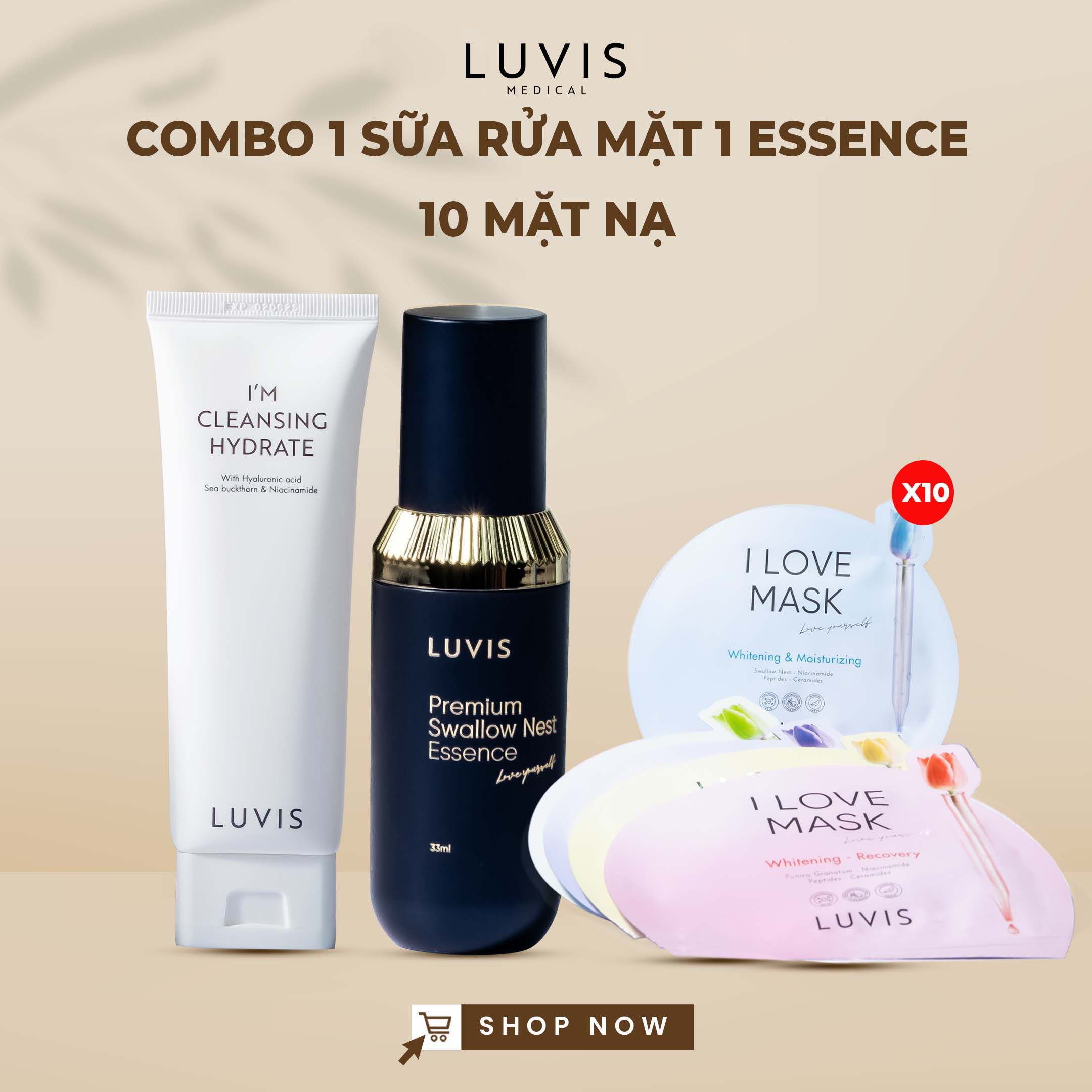 Combo 1 gel rửa mặt hắc mai biển 1 serum 10 mặt nạ tế bào luvis medical