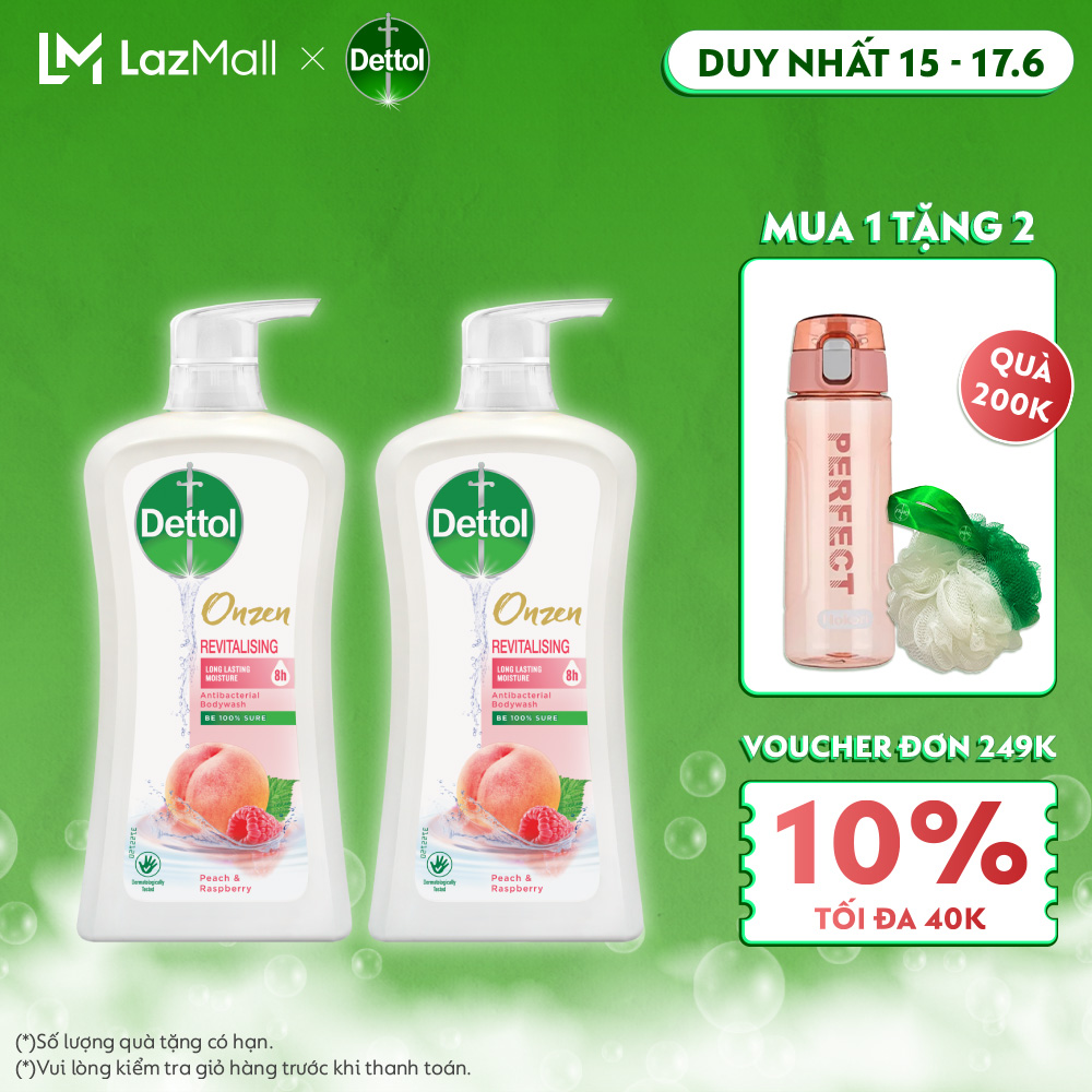 15 17.6 Tặng bình nước thể thao 500ml bông tắm COMBO 2 CHAI SỮA TẮM DETTOL ONZEN DƯỠNG DA ĐÀO & PHÚC BỒN TỬ