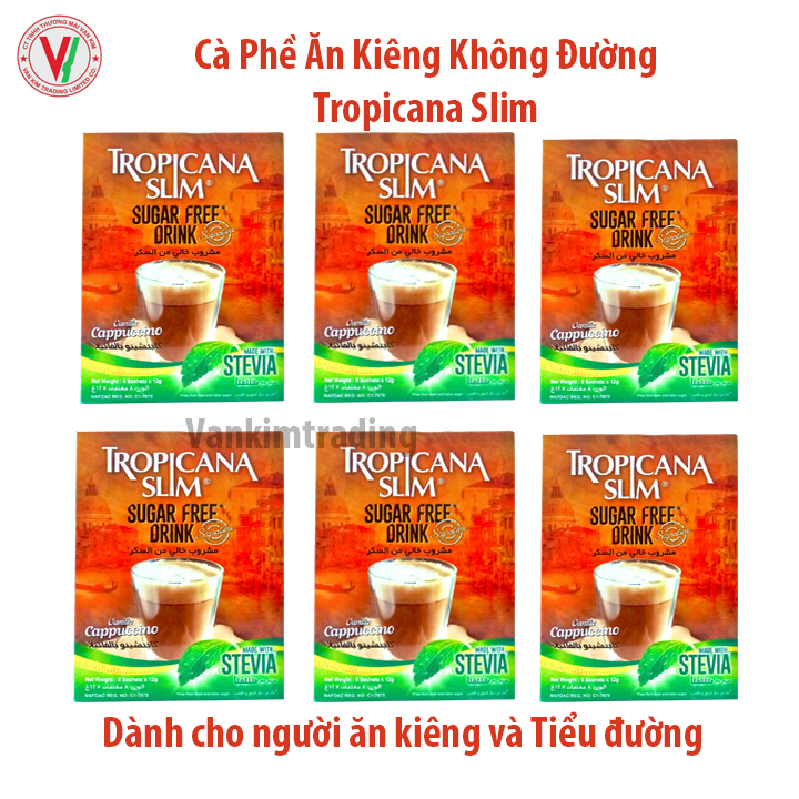 [HCM]Combo 6 Hộp Cà phê ăn kiêng không đường chiết xuất từ lá cỏ ngọt Tropicana Slim Capuccino 96g (8 x 12g) - Thích hợp cho người ĂN KIÊNG người bệnh TIỂU ĐƯỜNG người BÉO PHÌ người muốn KIỂM SOÁT CÂN NẶNG