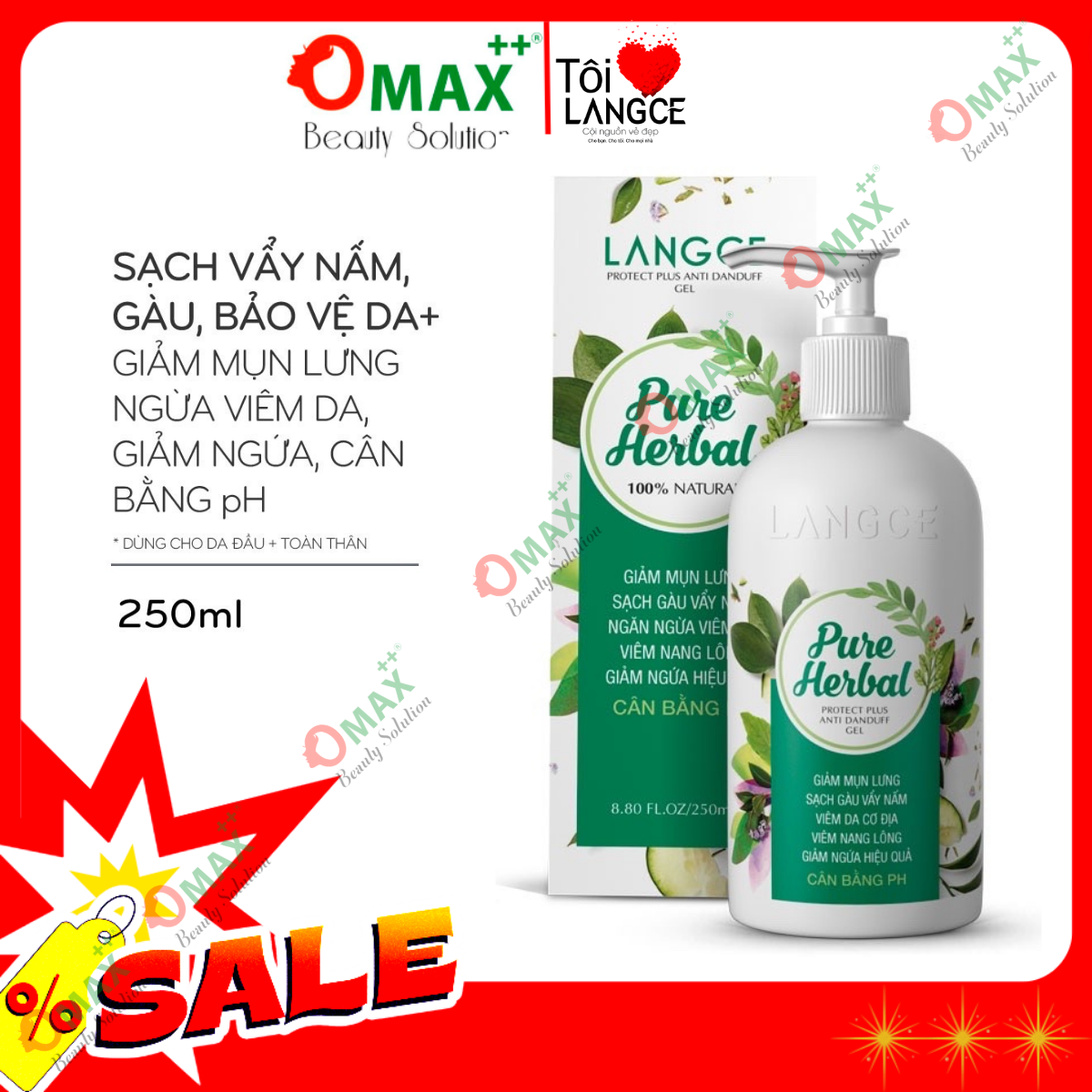 TẮM GỘI DƯỢC LIỆU SẠCH VẨY NẤM GÀU BẢO VỆ+ DA V.I.Ê.M. .DA V.I.Ê.M. NANG LÔNG NGỪA MỤN 250ml LANGCE