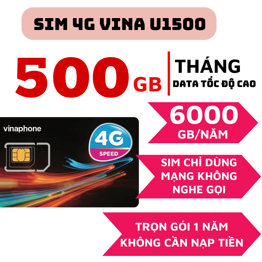 Sim 4g vinaphone 1 năm 500gb/tháng u1500 trọn gói 12 tháng không cần nạp tiền . freeship - chưa kích hoạt.