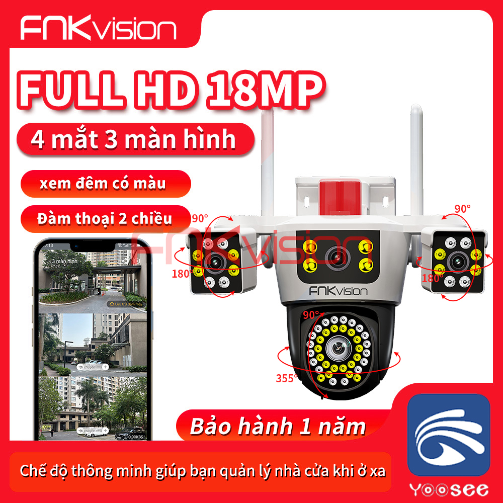 [Fnkvision] Camera YOOSEE Ngoài Trời 4 mắt (Xoay Được 3 Mắt) 3 Màn Hình Độ Phân Giải 18MP Tích Hợp 56 LED Nét OK