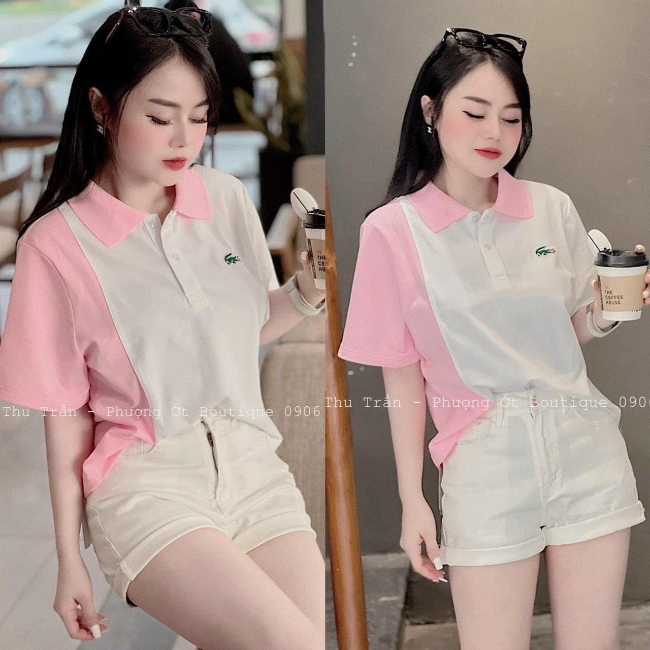Áo polo nữ có cổ phối hồng 2 dáng sọc - chéo chất cá sấu poly hàng đẹp đủ size