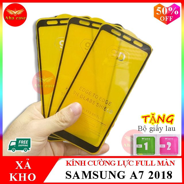 Kính cường lực SAMSUNG A7 2018 ,Kính cường lực samsung A750 FULL màn hình , Tặng kèm giấy lau ướt và giấy lau khô, Aha Case