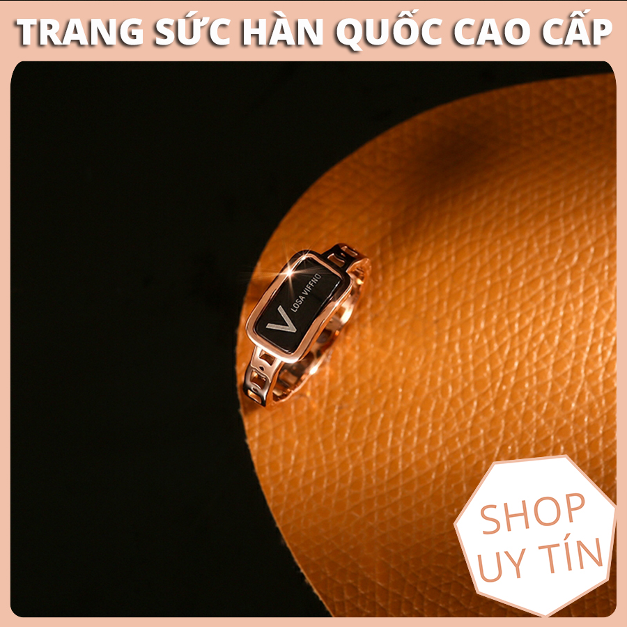 Nhẫn nữ đẹp, nhẫn titan cao cấp chữ v mặt đen cá tính
