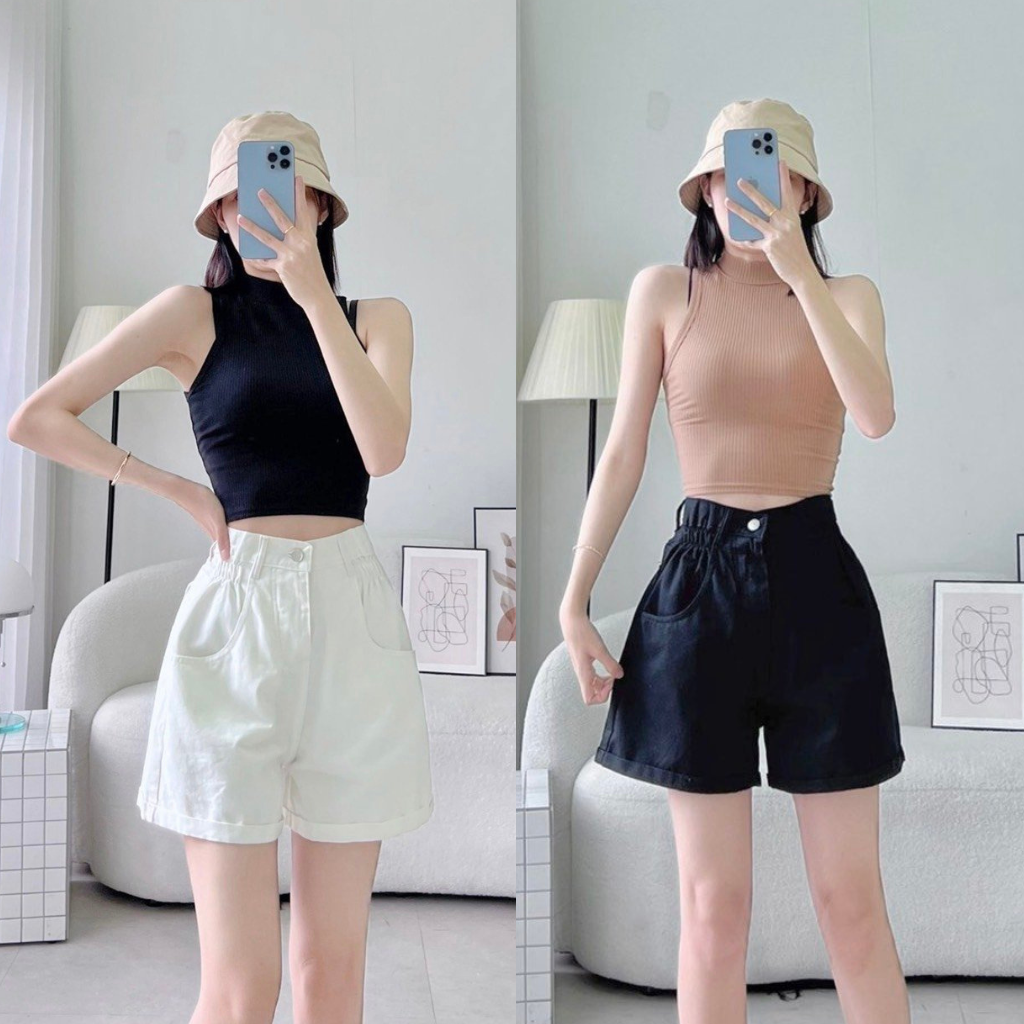 Quần short kaki nữ eo nhún thun lưng cao ống rộng lai lật có bigsize cho chị em