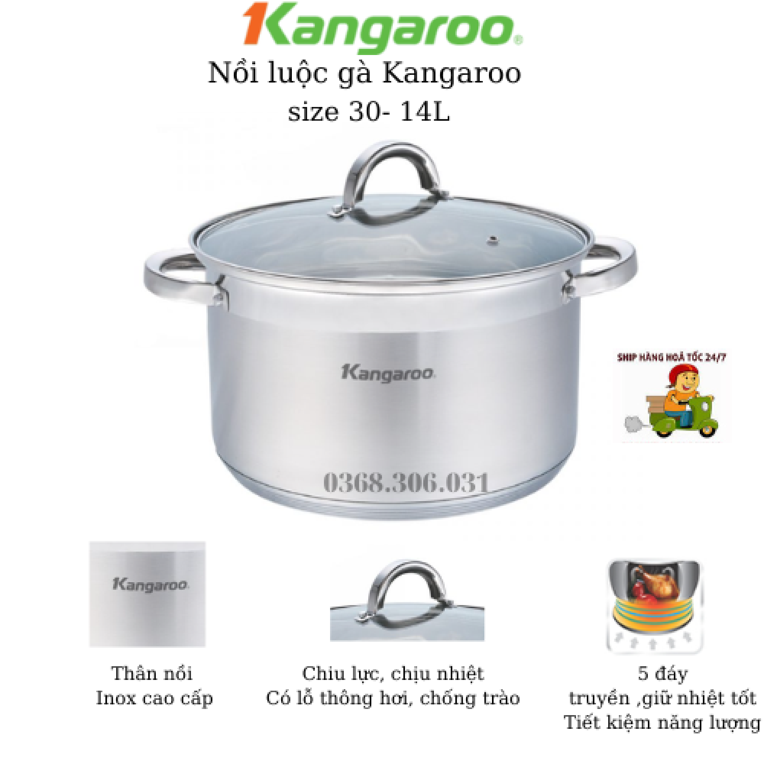 Nồi luộc gà Kangaroo KG122 Nồi inox cao cấp 30cm - 14L, 5 lớp quai inox đinh tán sáng bóng gắn chắc đun được bếp từ