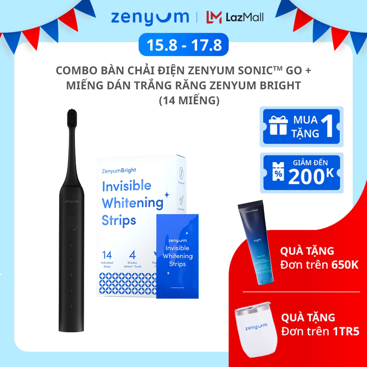 Combo Bàn Chải Điện Zenyum Sonic GO + Miếng Dán Trắng Răng Zenyum Bright