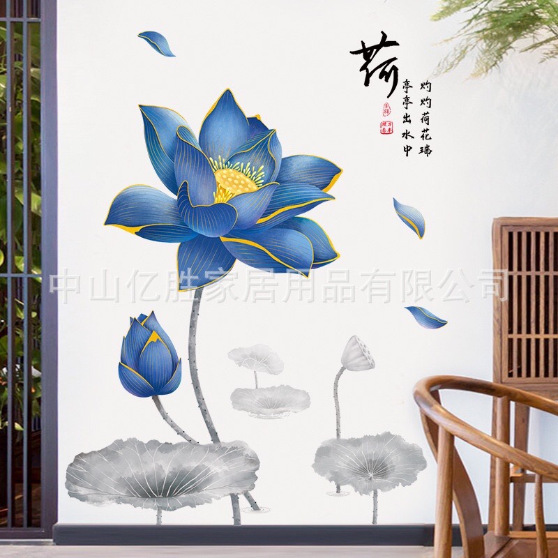 Tranh dán tường 3D Hoa sen xanh, Tranh hoa sen KT 90x123cm, Decal trang trí phòng