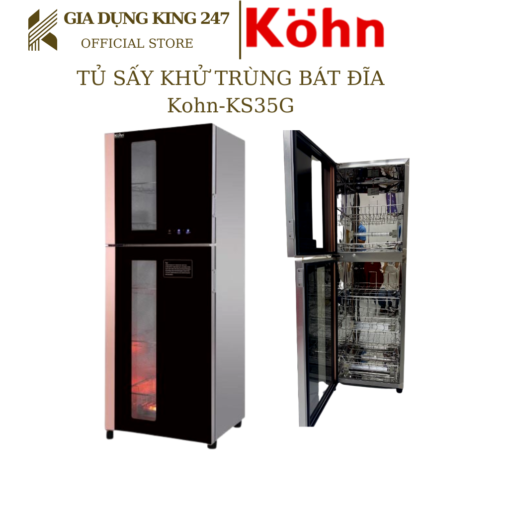 Máy sấy bát đĩa, tủ sấy khử trùng bát đĩa, diệt khuẩn bằng ánh sáng hồng ngoại và Ozon thương hiệu Kohn- Model KS35G - Bảo hành 24 tháng