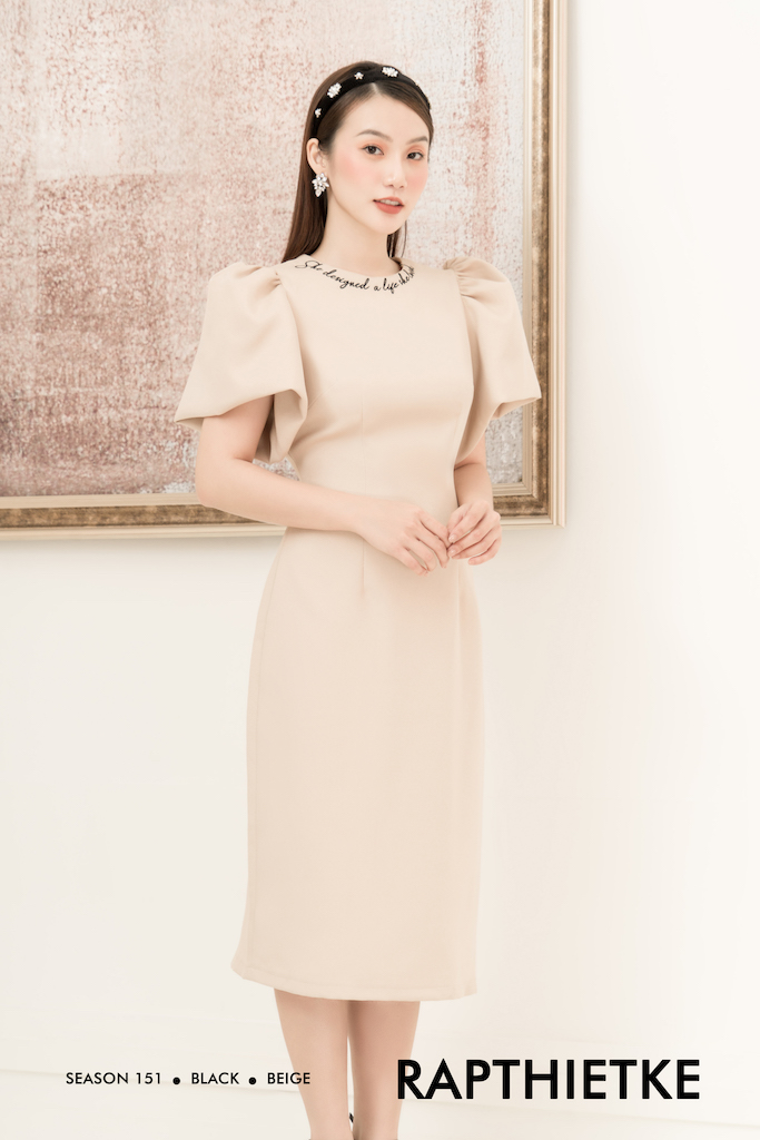 Rập - đầm nâu tay phồng cổ tròn thêu - beige 06