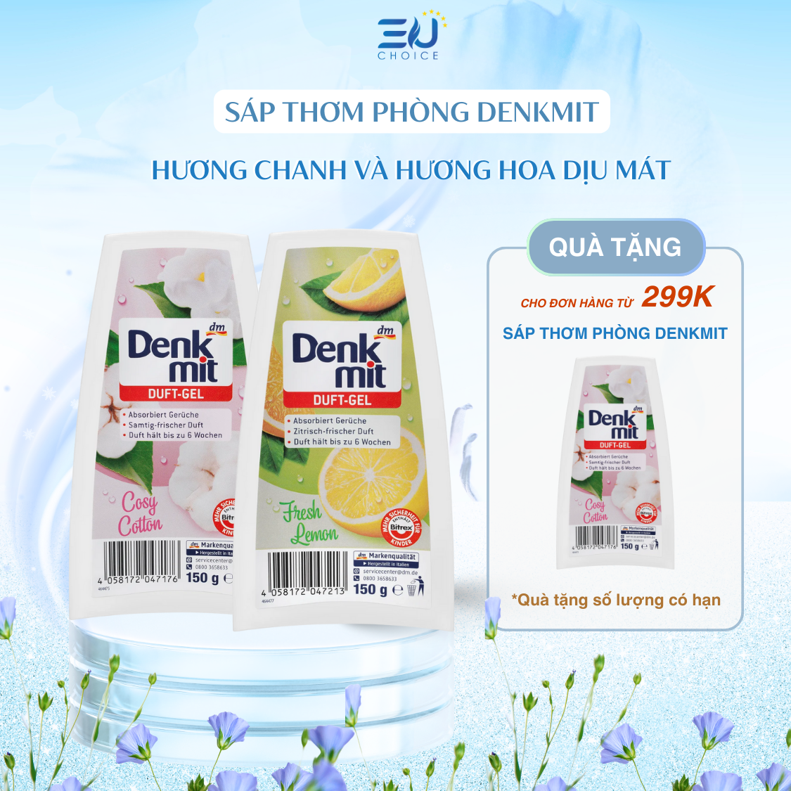 Sáp thơm phòng, toilet Denkmit Duft Gel 150g hương chanh, hương hoa khử mùi hàng chuẩn nội địa Đức - EU Choice