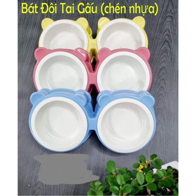 Bát ăn đôi kèm chén nhựa hình gấu cho thú cưng