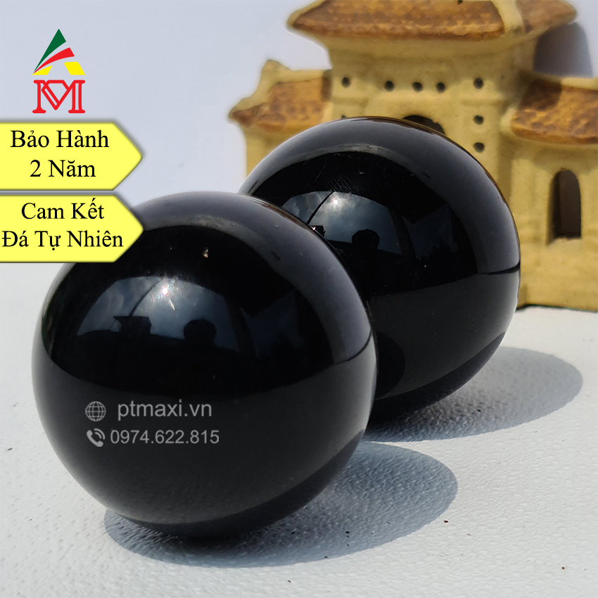 Cặp Bi Lăn Tay Đá Obisidian, Núi Lửa Đen Tự Nhiên 40mm. Hợp Mệnh Thuỷ, Mộc