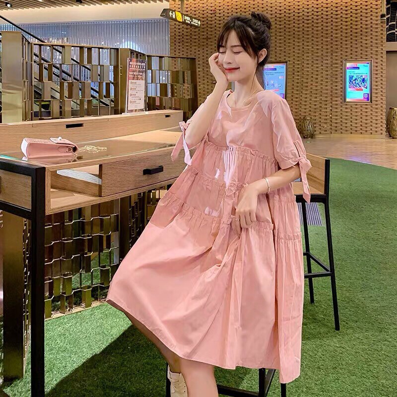 🔅đầm babydoll hồng tay thắt nơ