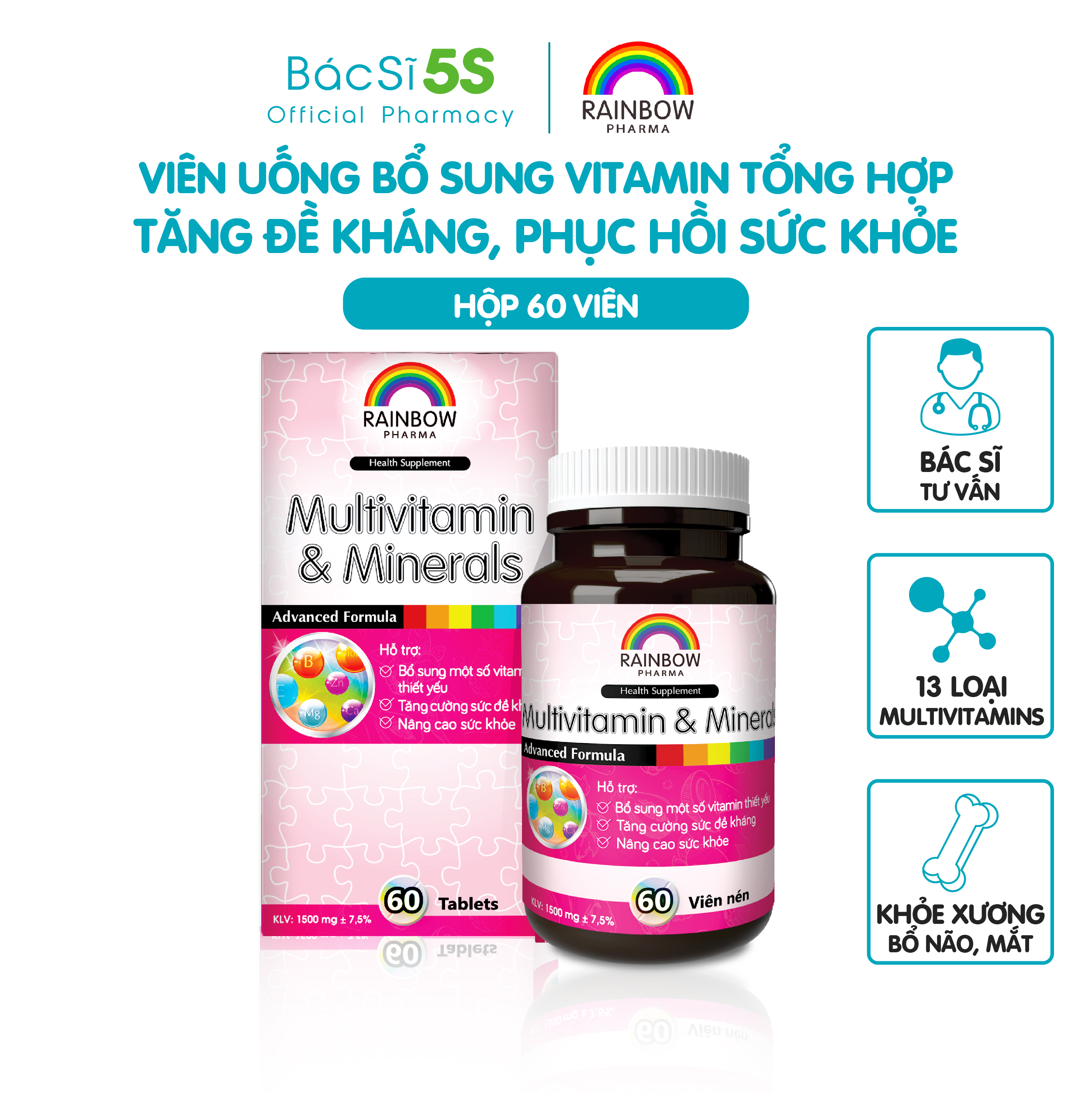 Viên uống bổ sung vitamin tổng hợp, tăng đề kháng, phục hồi sức khỏe cho mọi đối tượng  - Multivitamin & Minerals Rainbow