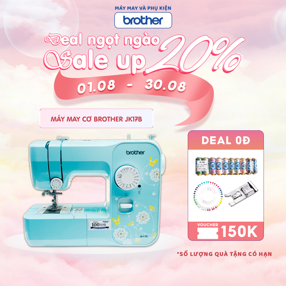 [HCM][Trả góp 0%] Máy May Gia Đình Cao Cấp Brother JK17B Hàng Chính Hãng Nhật Bản Xỏ chỉ tự động, suốt chỉ nhanh, làm khuy 4 bước, may được kim đôi