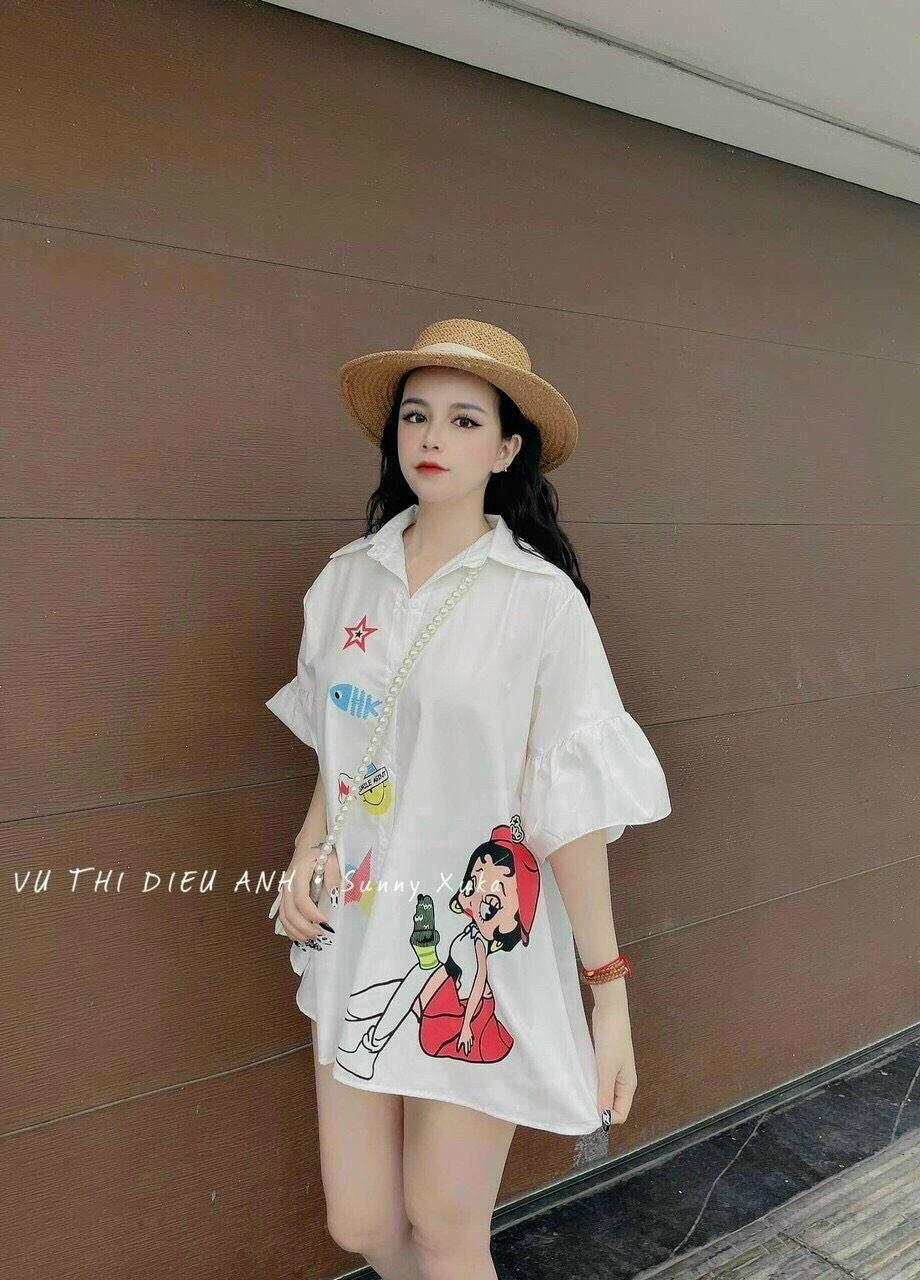 ĐẦM SƠ MI DÁNG SUÔNG NGẮN IN HÌNH CÔ GÁI, KIỂU TAY XÒE ĐÁNG YÊU, CHẤT DÀY KHÔNG LỘ