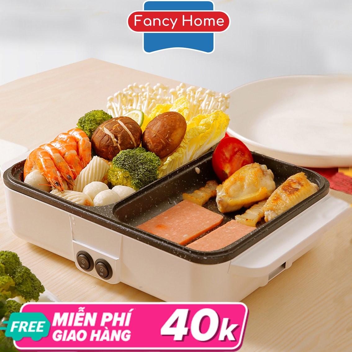 Bếp lẩu nướng điện đa năng 2 ngăn  FancyHome thuộc dòng bếp nẩu mini 2 trong 1 kết hợp công nghệ chống dính cao cấp phù hợp với gia đình