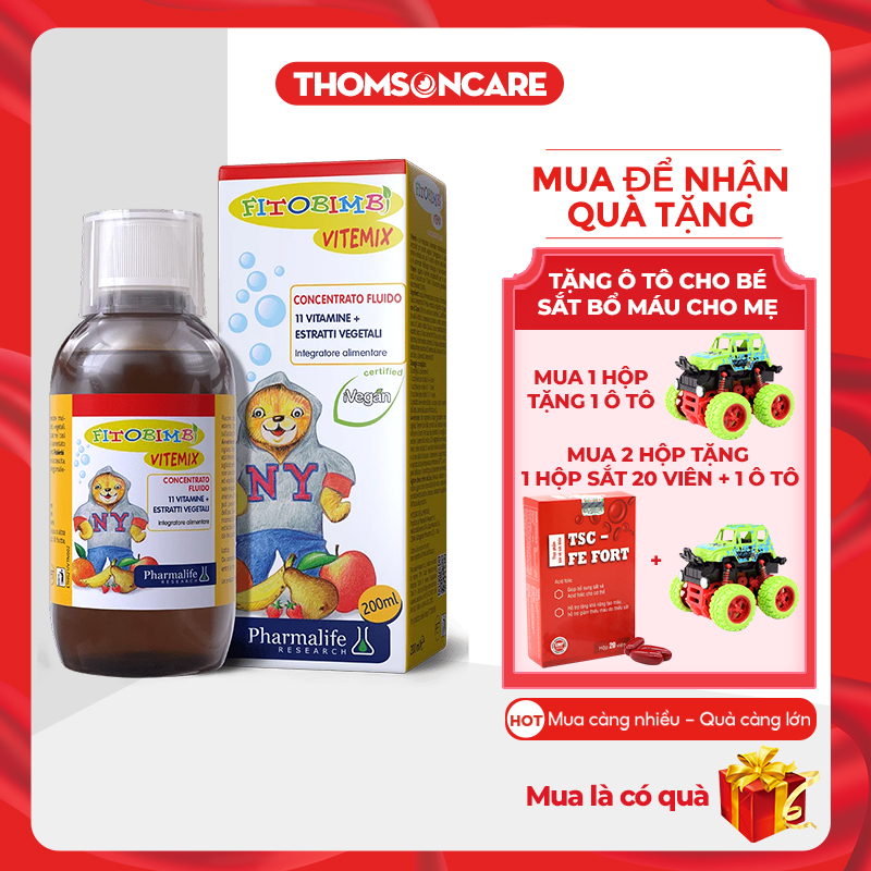 Siro Bổ sung Vitamin cho bé - Vitemix Bimbi có tem tích điểm tặng quà, của hãng Fitobimbi - Nhập khẩu từ Ý chai uống 200ml