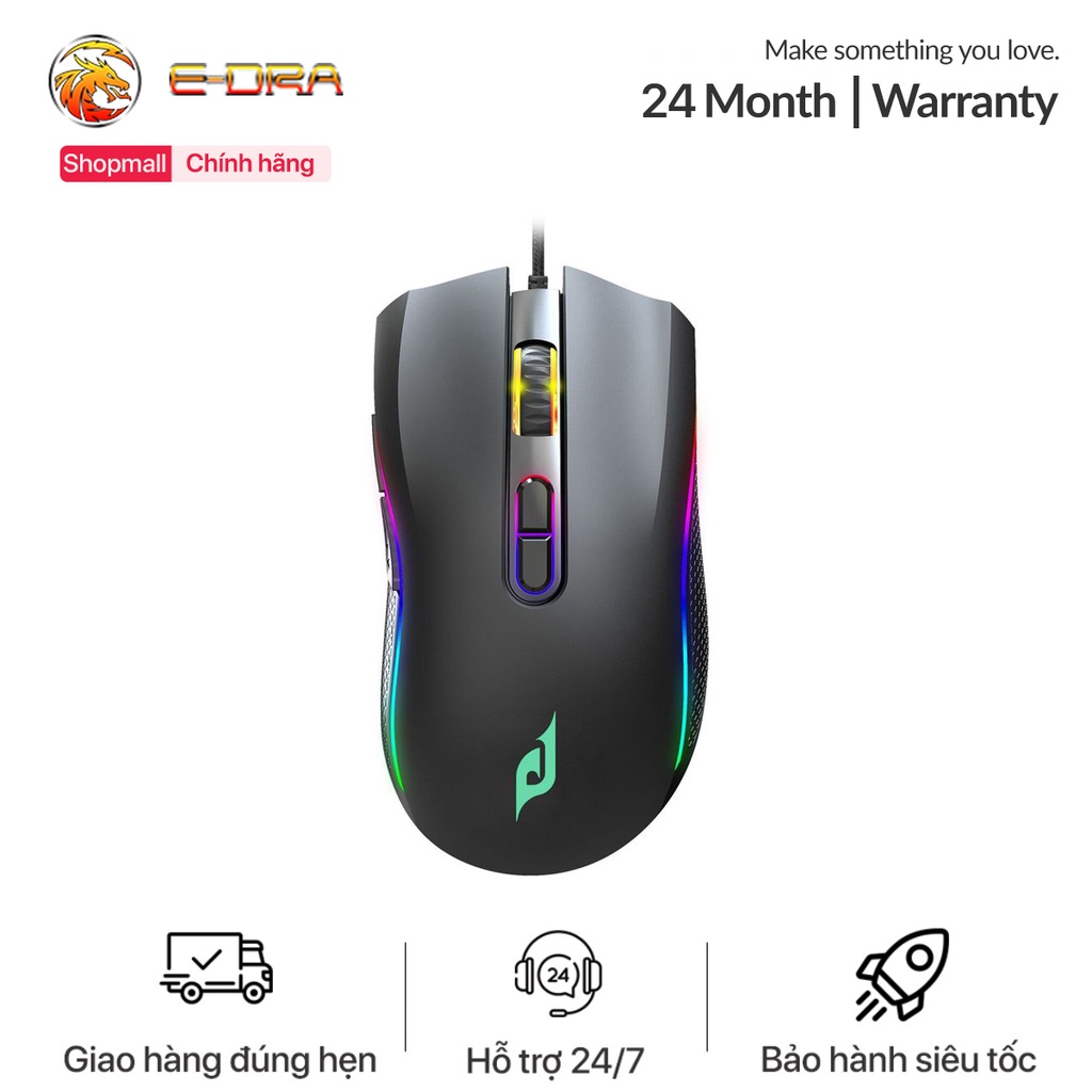 Chuột chơi game có dây e-dra em624 black - màu đen - độ bền 50 triệu lượt click - 12000 dpi - led rgb