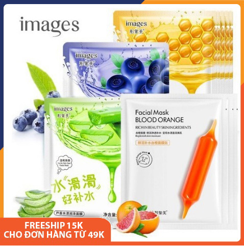 Combo 5 mặt nạ giấy dưỡng trắng da IMAGES mix 4 loại lô hội, việt quất, mật ong, cam đỏ giúp da sáng màu, dưỡng ẩm, làm săn và tăng độ đàn hồi, se khít lỗ chân lông, chống lão hóa, mask mặt nạ dưỡng da nội địa Trung SPU034
