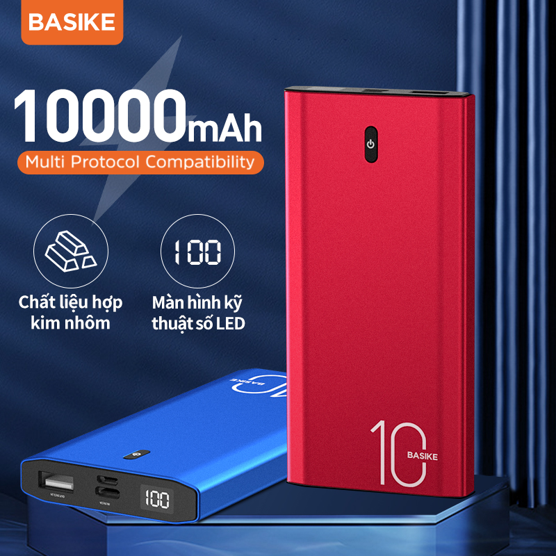 BASIKE Sạc dự phòng 10000mAh 10W màn hình hiển thị võ nhôm kim loại cao cấp chính hàng dành cho iPhone Samsung OPPO VIVO HUAWEI XIAOMI Pin sạc dự phòng