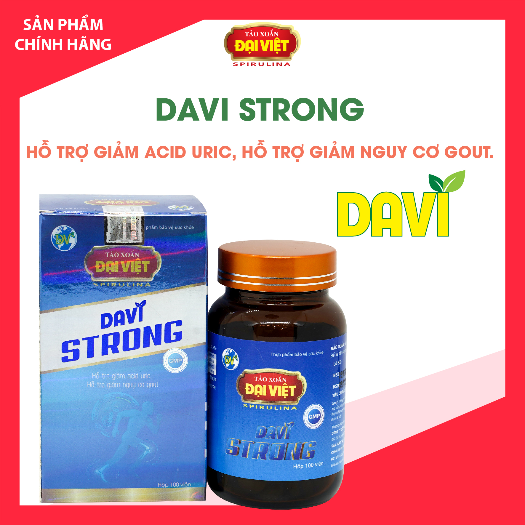 Tảo xoắn Đại Việt Thực phẩm bảo vệ sức khỏe Davi Strong Viên uống Spirulina hỗ trợ giảm nguy cơ Gout. Lọ 100v