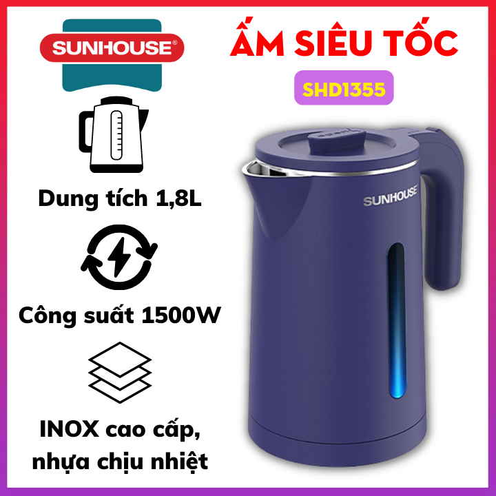 Ấm siêu tốc, bình đun siêu tốc inox 2 lớp 1.8l sunhouse shd1355, 2 lớp cách nhiệt chống bỏng - bảo hành 12 tháng