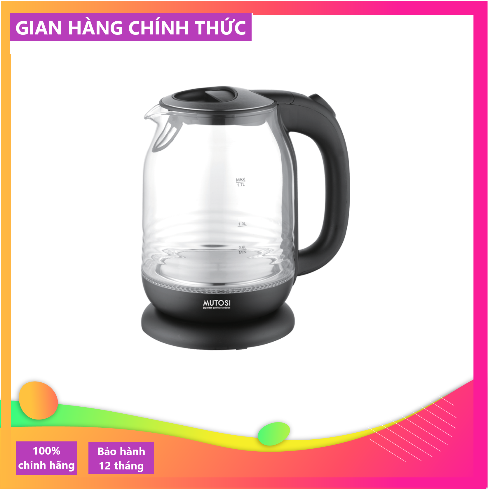 Ấm đun nước siêu tốc thủy tinh 1.7L Mutosi MK-16 - Hàng chính hãng