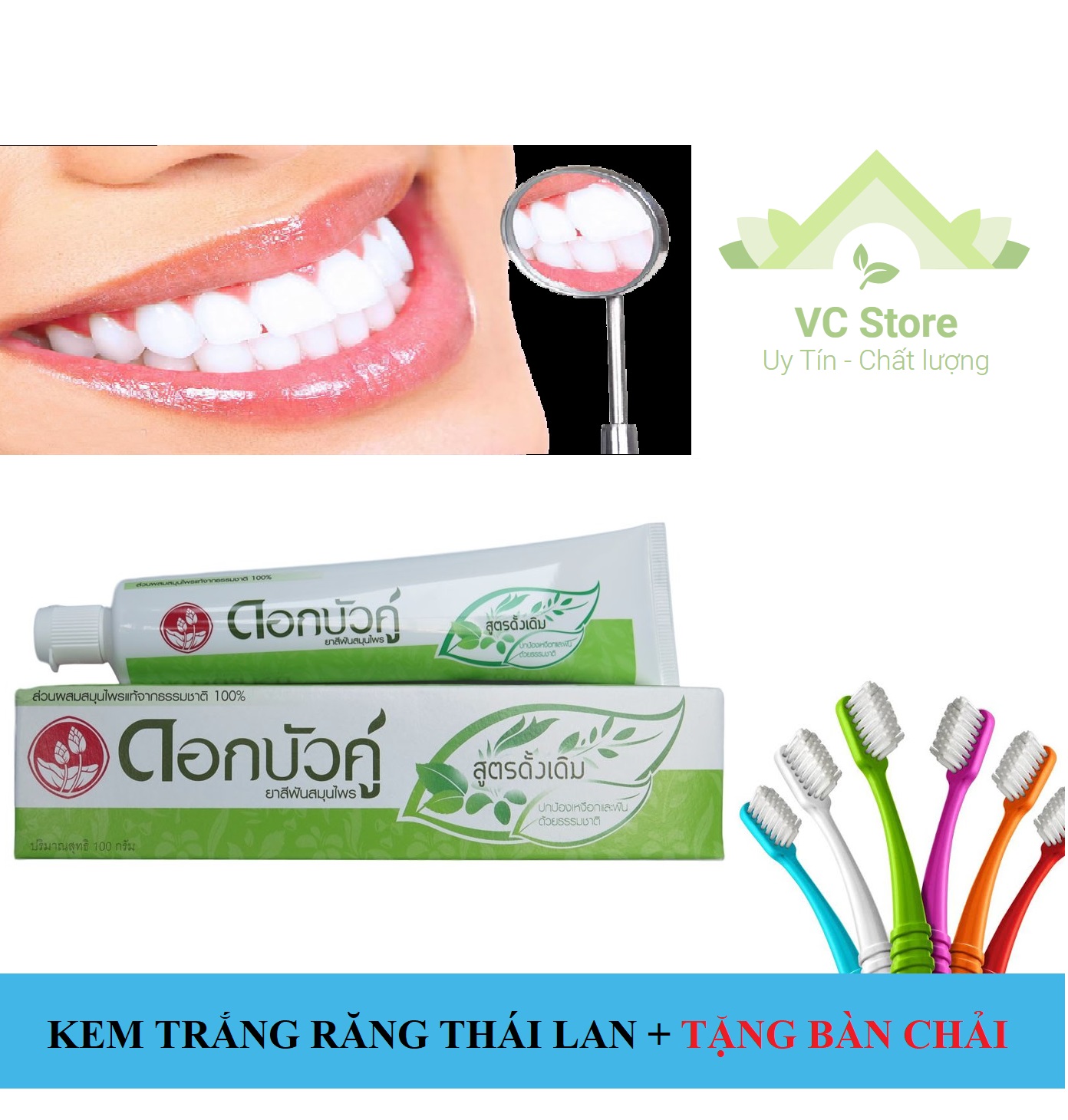 Kem Đánh Răng Trắng Sáng Thảo Dược Dok Bua Ku Thái Lan 150gr + Tặng Kèm Bàn Chải Đánh Răng Cao Cấp
