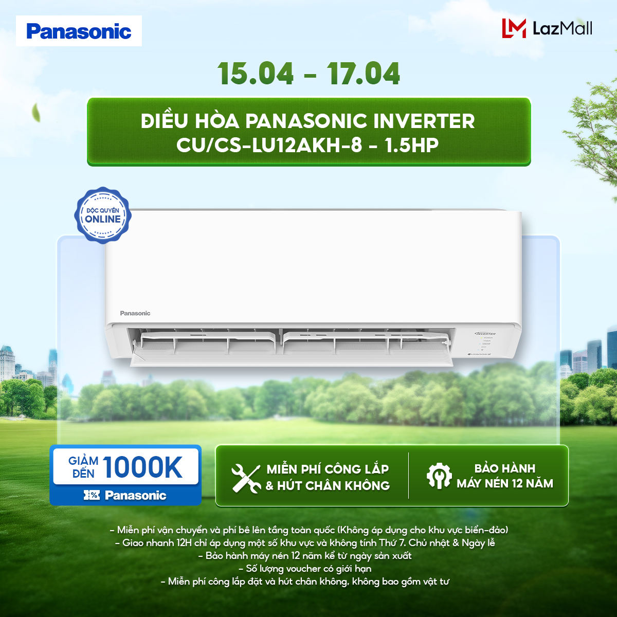 [SẴN HÀNG MIỀN NAM ] [Độc quyền Online]Máy lạnh/ Điều hòa Panasonic Inverter CU/CS-LU12AKH-8 - 1.5HP - Một chiều - Eco AI - Lọc sạch không khí NanoeX - Wifi
