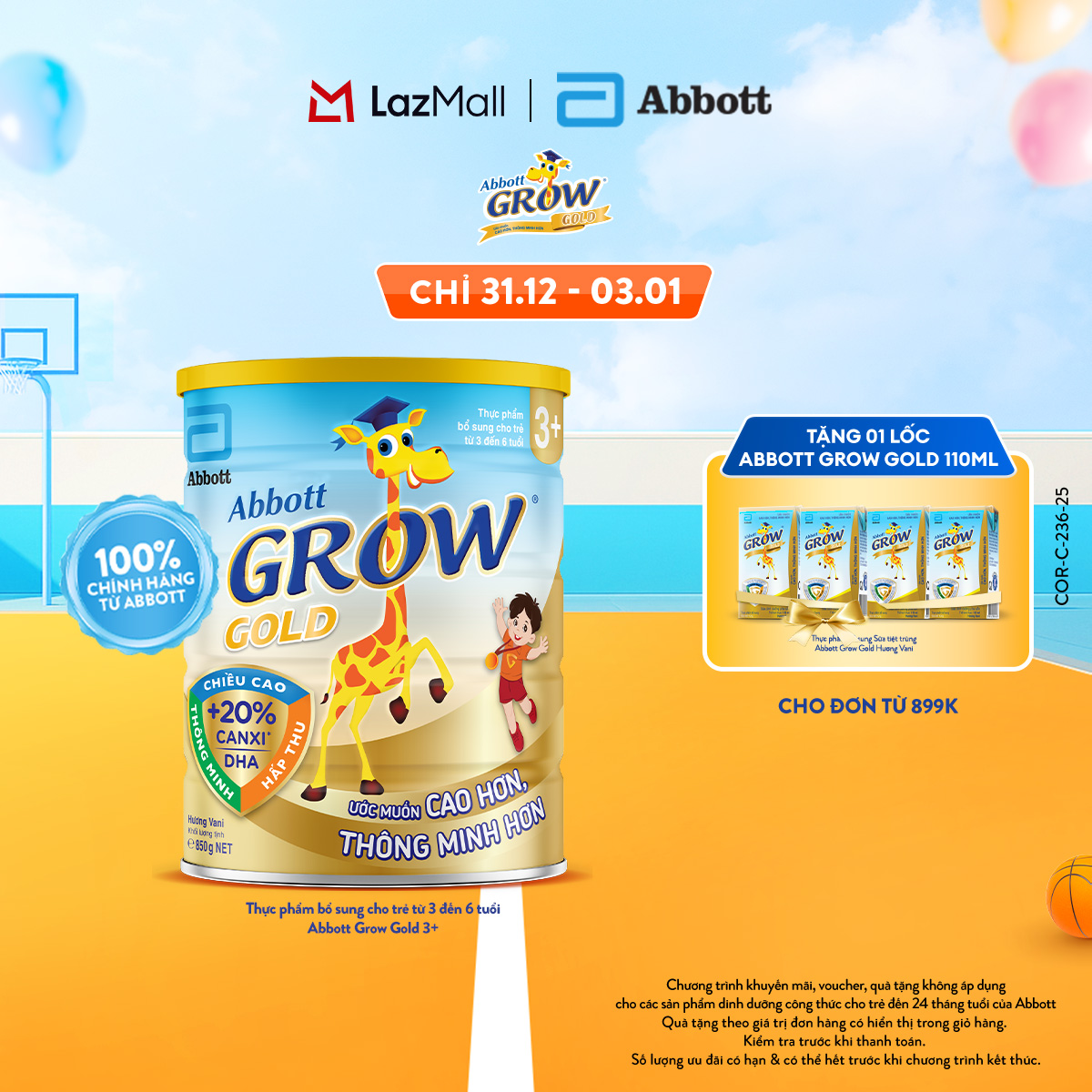 CHỈ 31.12-03.01 QUÀ TẶNG CHO ĐH 899K-SLCH Lon sữa bột Abbott Grow 3+ 850G 800G bao bì thay đổi theo từng đợt nhập hàng