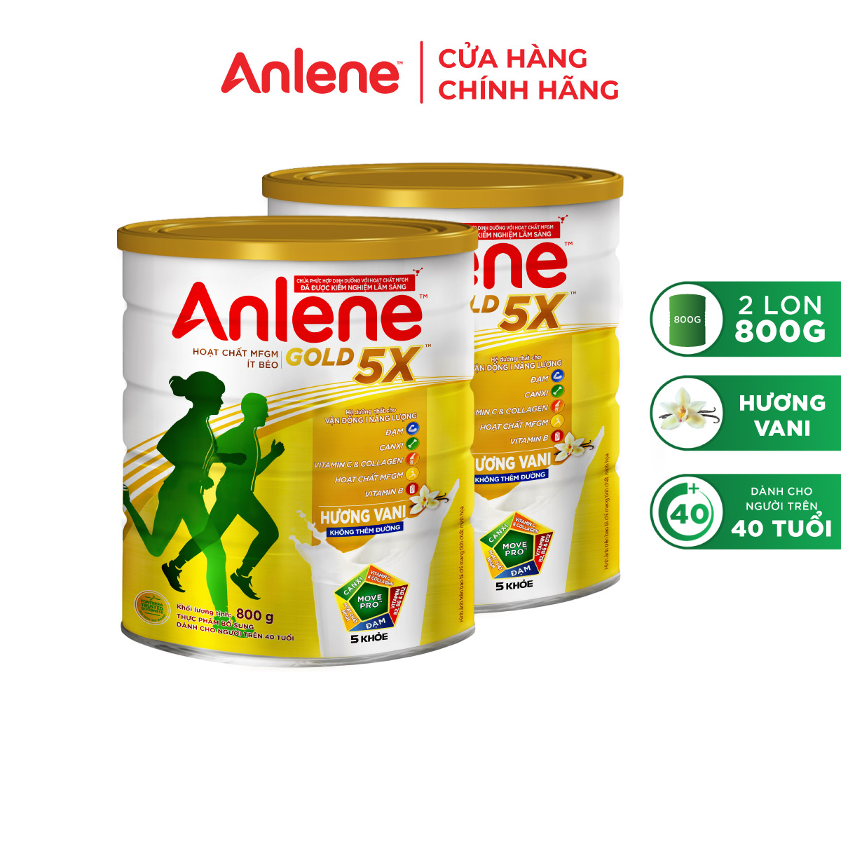 [ĐƠN 649K TẶNG BỘ 2 KHĂN] Combo 2 Lon sữa bột Anlene Gold 5X hương vani 800g