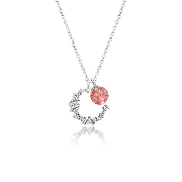 Dây chuyền bạc Mặt Trăng đính hạt đá hồng dâu đơn giản dễ thương trend Hàn Quốc - Mikashop