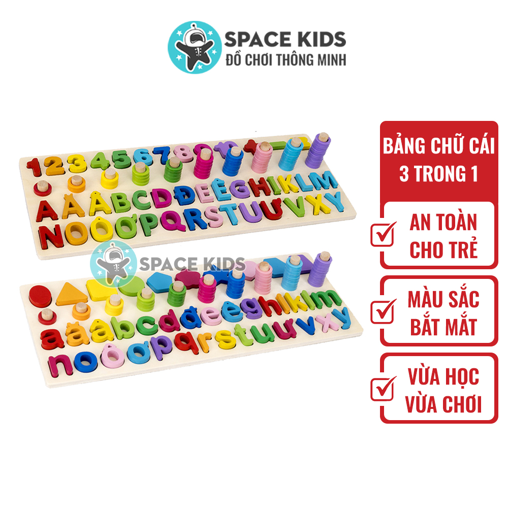 Đồ chơi cho bé bảng gỗ 3 trong 1 bảng chữ cái tiếng việt, hình khối và cột tính xếp hình cho bé Space Kids