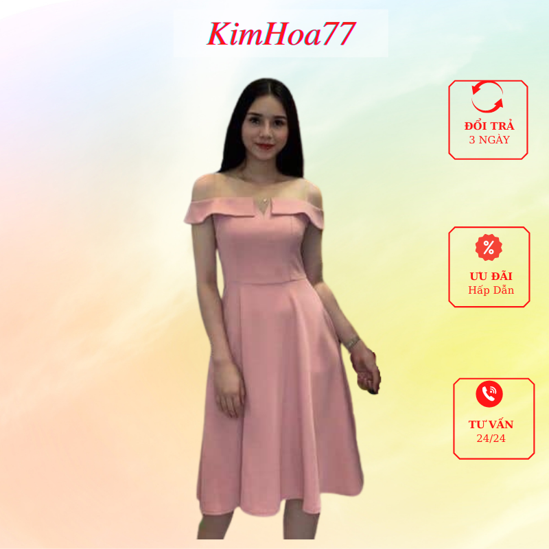 Váy xòe đầm nữ dự tiệc freesize chất kate lụa trễ vai phối lưới có túi kimhoa77