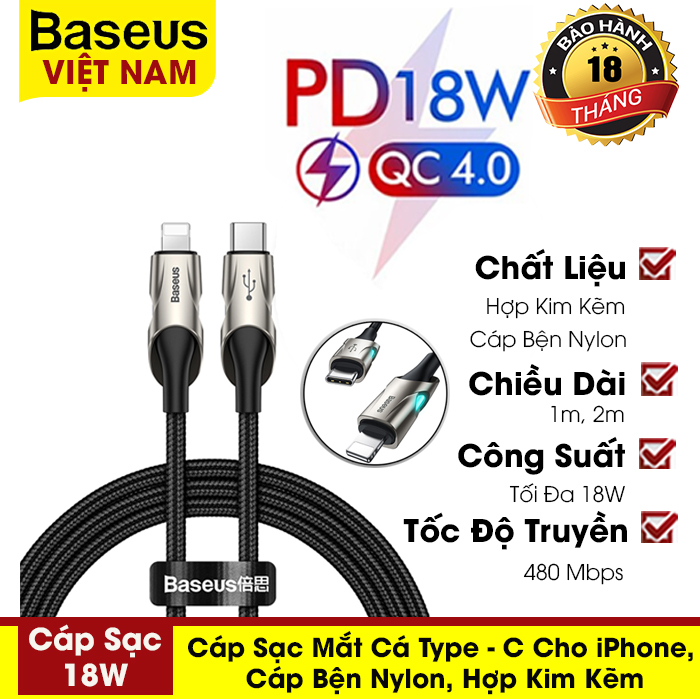 Cáp sạc nhanh usb mắt cá baseus type - c 1m công suất 18w/qc 4.0 dành cho iphone, cáp sạc hợp kim kẽm 18w, bện nylon