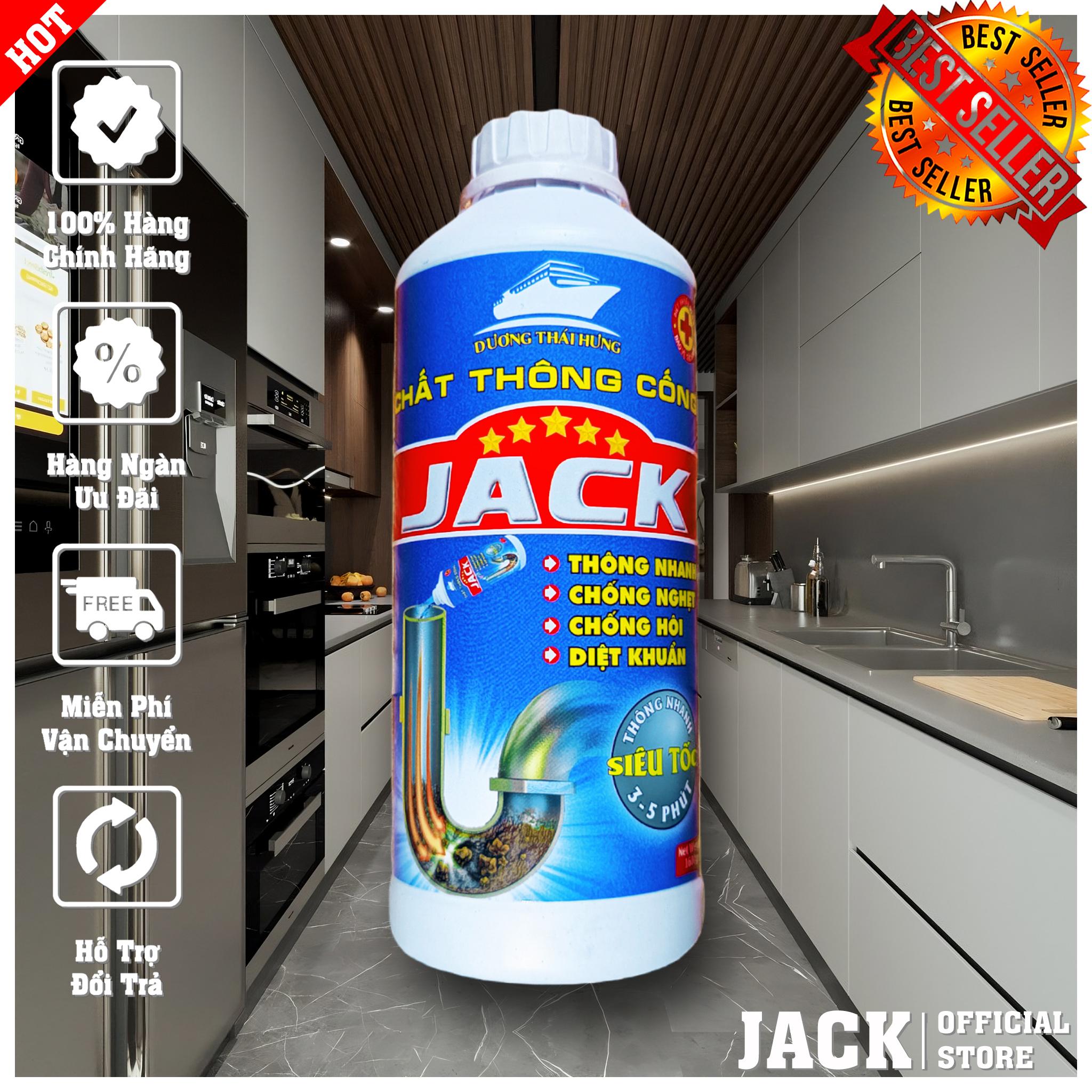 Chất Thông Cống, Thông Bồn Cầu Loại Chuyên Dụng Siêu Mạnh, Thông Tắc Nhanh Chóng Jack 1600ml