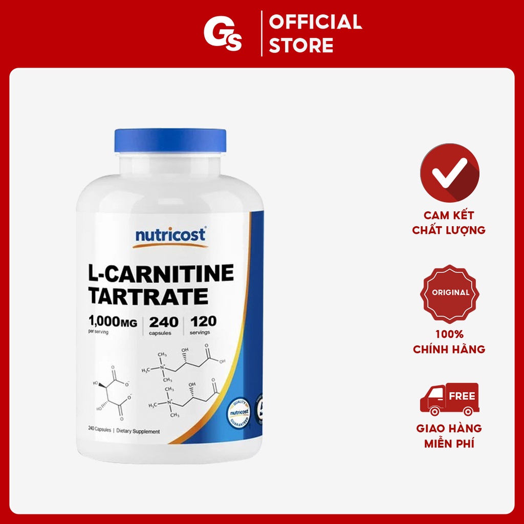 Viên uống Nutricost L-Carnitine Tartrate (500mg) - Cải thiện phục hồi sau luyện tập nhập khẩu Mỹ - Gymstore