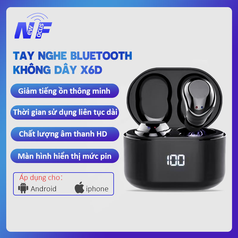 Tai nghe bluetooth không dây X6D TWS, hiển thị công suất LED, tương thích với android, iphone, chống thấm nước IPX5, Tự động kết nối Bluetooth, Tai nghe giảm tiếng ồn nút tai.