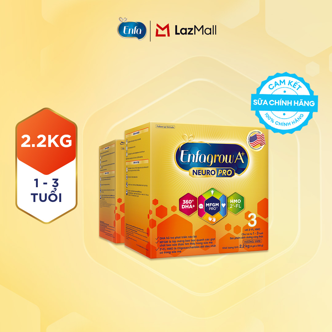 Bộ 2 Sữa bột Enfagrow A+ Neuropro 3 -2.2kg Vị thanh mát 2FL HMO với dưỡng chất DHA & MFGM cho trẻ từ
