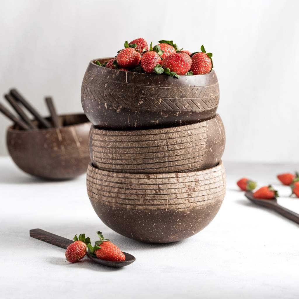 Bát gáo dừa (Chén gáo Dừa) ECOHUB cao cấp, ăn Salad, hoa quả dầm, ngũ cốc chạm khắc hoa văn. (Coconut Bowls Family Set) | EH012