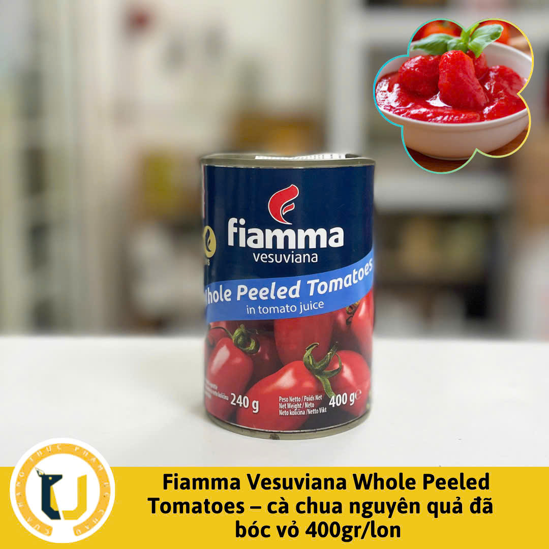Cà chua nguyên trái bóc vỏ đóng hộp FIAMMA Whole Peeled Tomatoes in Tomato juice hộp 400Gr
