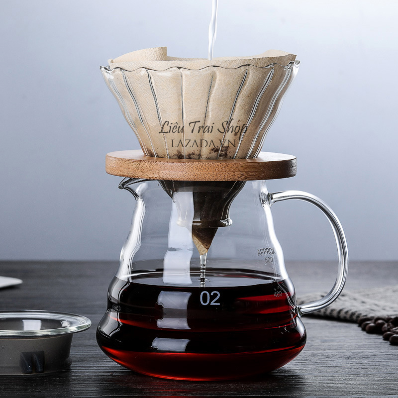 Bộ bình và phễu pha cafe giấy lọc V60  pha Pour over giá gỗ tròn V60