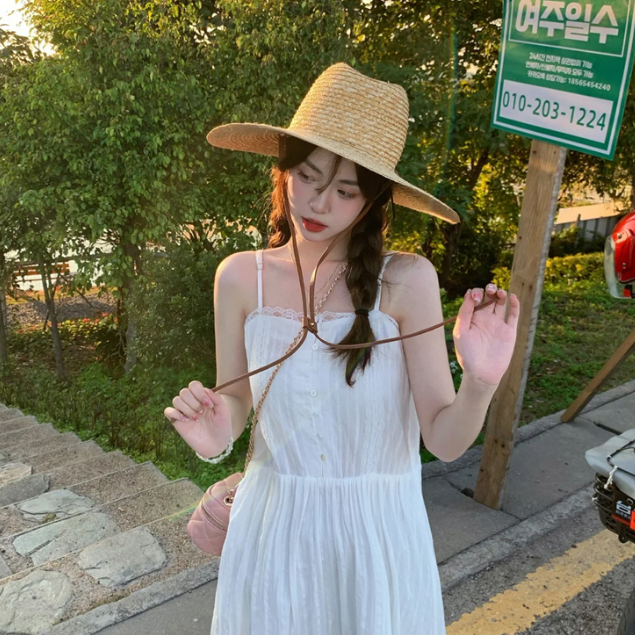 Nón cói rộng vành phối dây da thời trang đi biển cho nữ