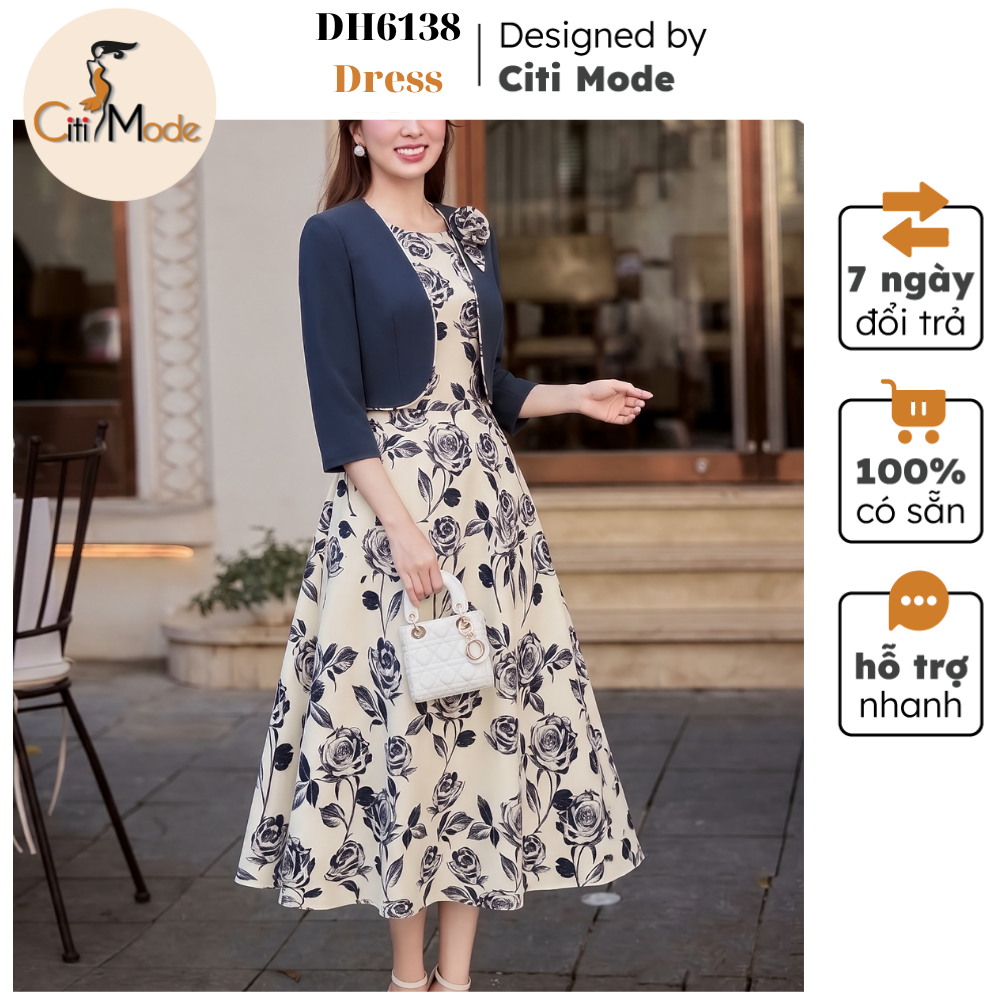 Citi Mode Fashion Office Dress Designed with a Black Floral Flared Dress with Black Floral Embellishments and Round Neck Dh6138