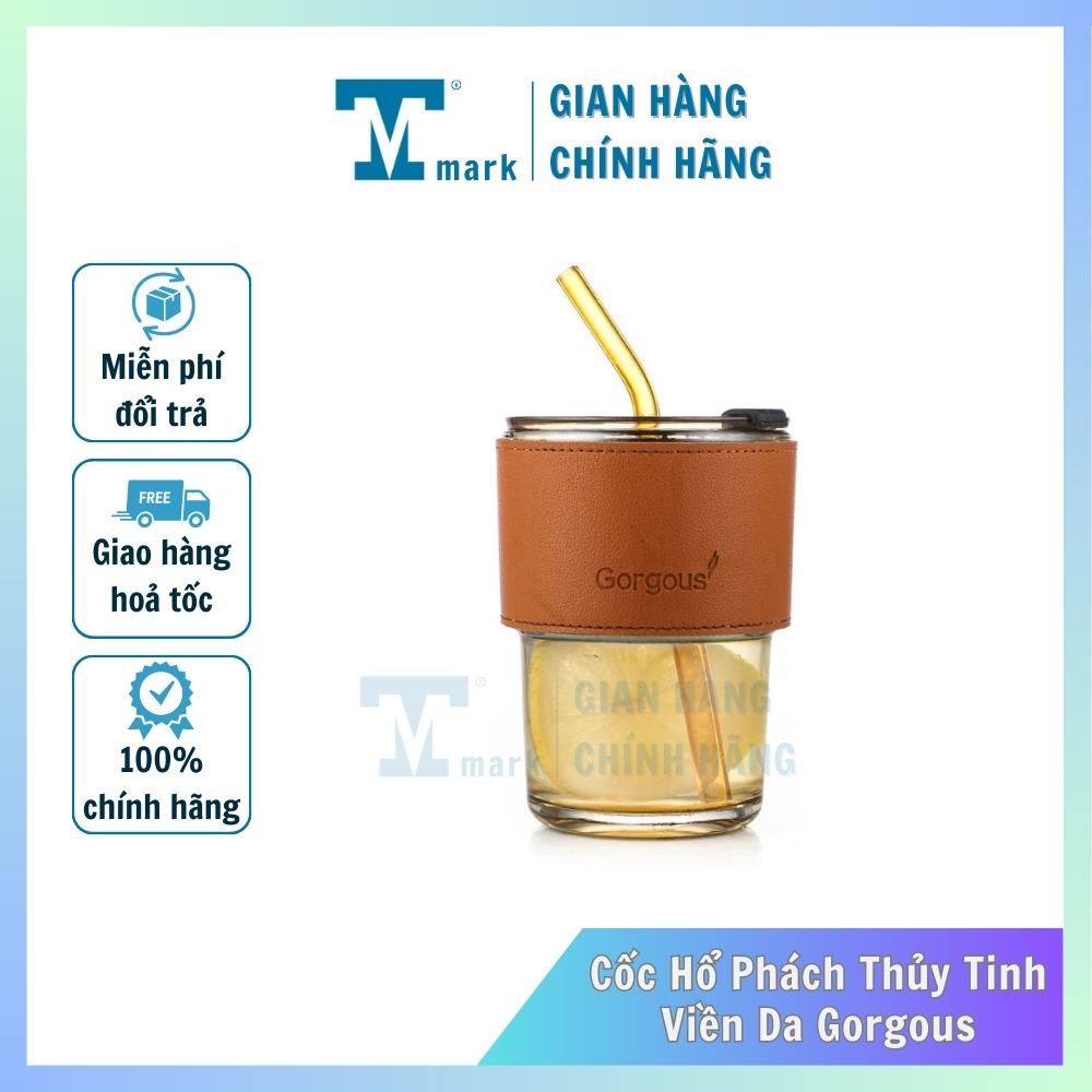 Cốc hổ phách thủy tinh viền da Gorgous có nắp, ống hút và bao da đi kèm - 450ml