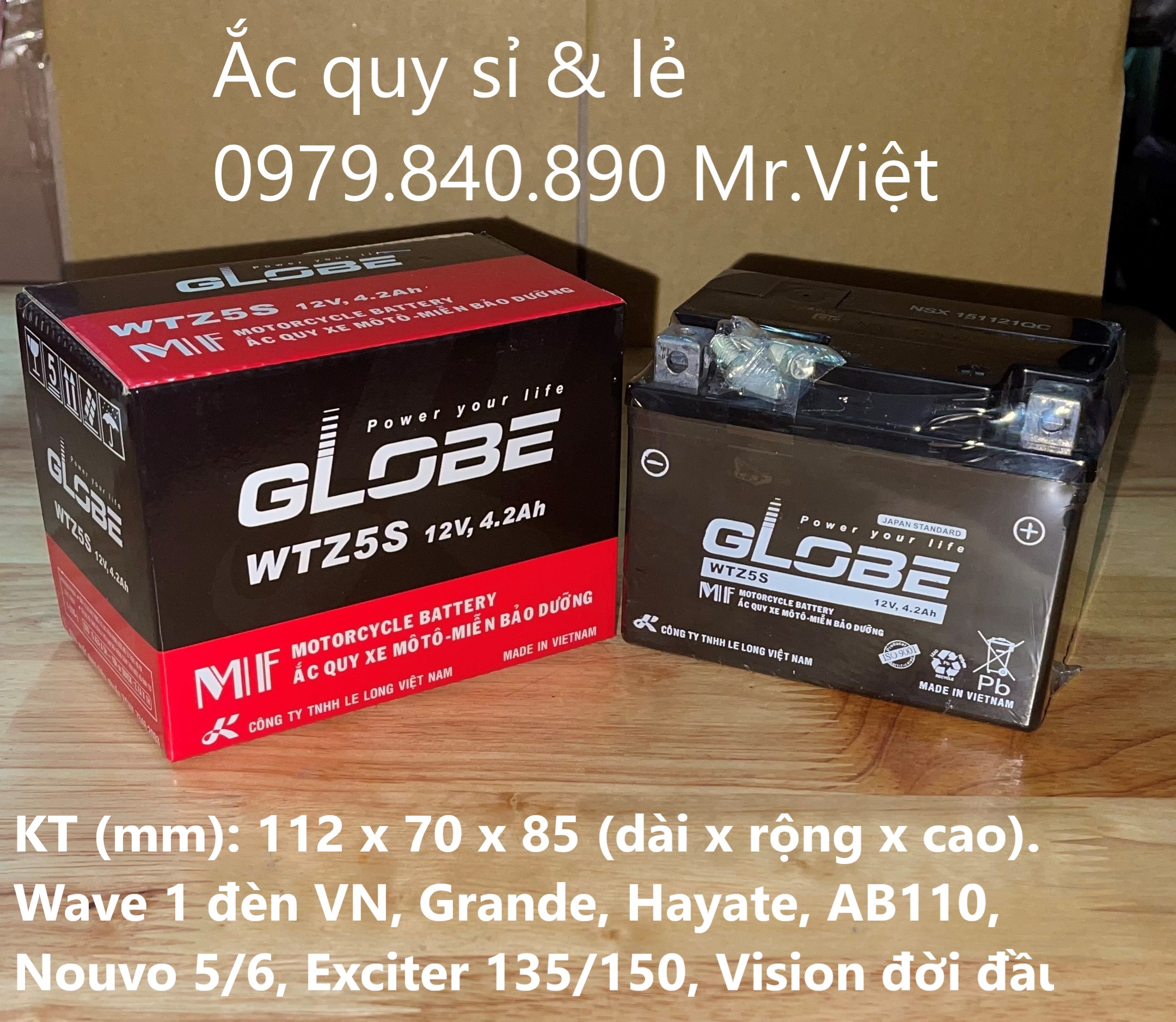 Bình Ắc Quy Khô Globe WTZ5S ( 12V 4.2Ah ) - KT (mm) : 112 x 70 x 85 ( Dài x Rộng x Cao )
