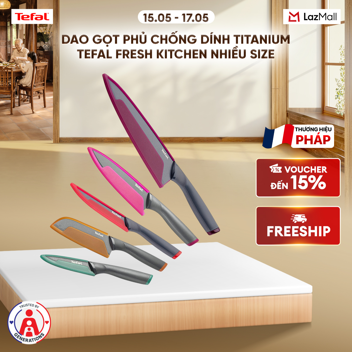 Dao gọt phủ chống dính Titanium Tefal Fresh Kitchen nhiều size